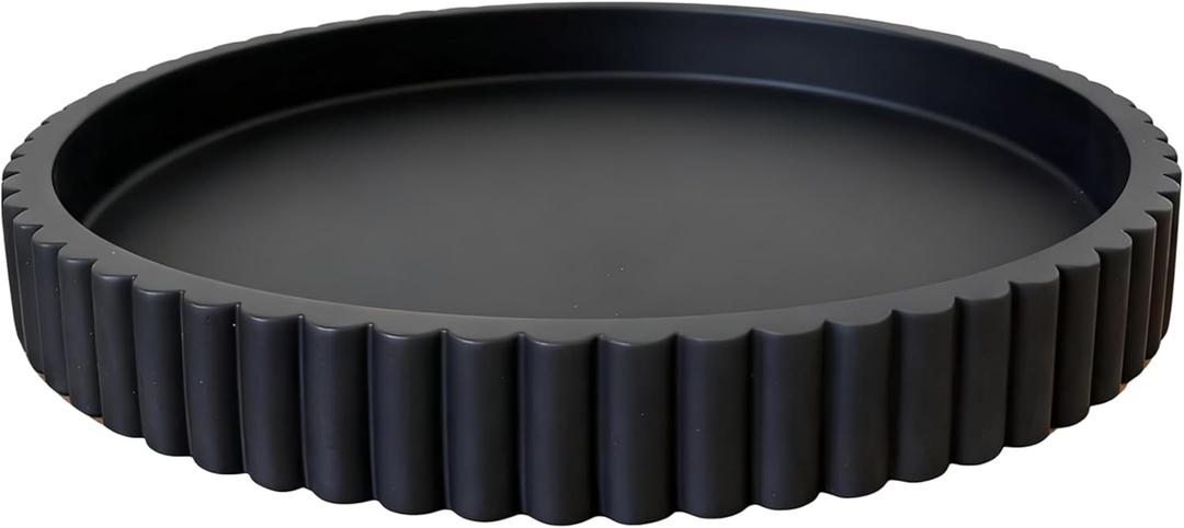 Concrete Decorative Tray for Coffee Table Tray Decor - Charcoal Black Round Decorative Tray - Circle Fluted Centerpiece Tray - Bandejas Decorativas - Water-Proof & Heavy-Duty