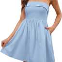 Women's Summer Strapless Mini Dress Sundress A Line High Waist Smocked Cute Tube Top Party Short Dresses with Pockets (L)