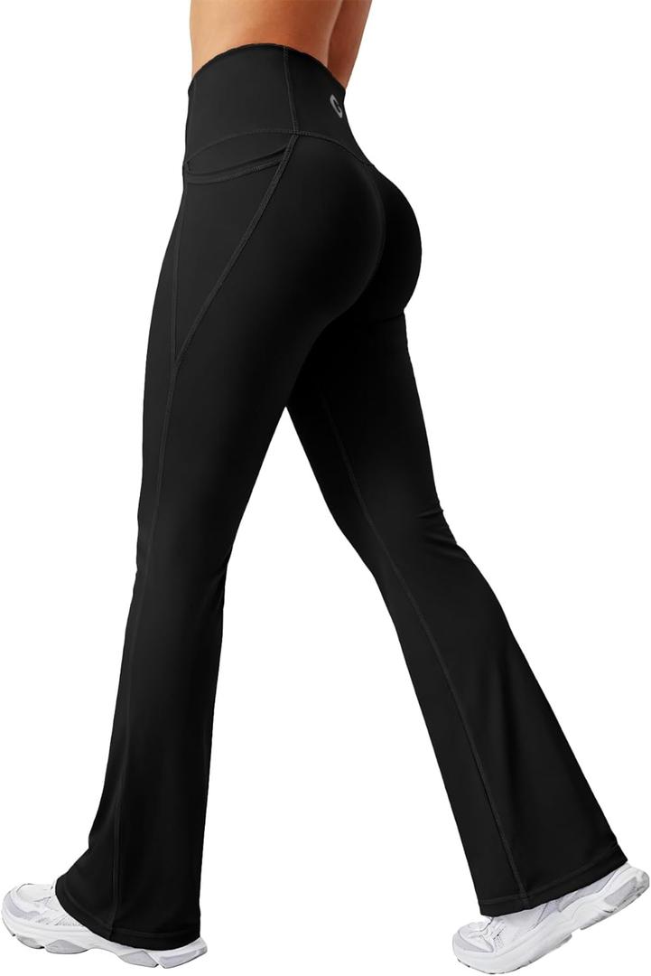 Womens High Waisted Stretchy Mini Flare Leggings Buttery Soft Yoga Pants Tummy Control Workout Pant (Large, Black)