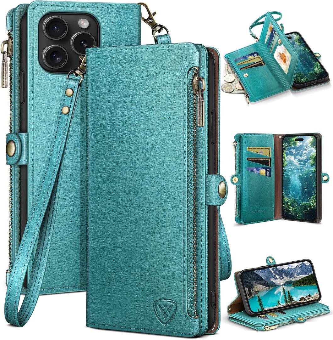 XcaseBar for iPhone 15 Pro Max 6.7" Wallet case with Zipper Credit Card Holder RFID Blocking,Flip Folio Book PU Leather Shockproof Protective Cover Women Men for Apple 15 ProMax Phone case Blue Green (Solid)