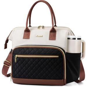 LOVEVOOK Lunch Bag Women, Insulated Adult Lunch Box for Women Work, Wide Opening Leakproof Cooler Tote Bag for Office Campus Picnic Beach with Shoulder Strap, Loncheras Para Mujer with Cup Holder (Large16L, Black-White-Brown)
