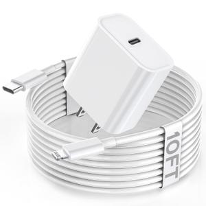 Apple Fast Charger, 10FT Extra Long Fast iPhone Charger Travel Plug Adapter 20W Super Quick Apple Charging USB C Wall Charger Block with 10Foot Lightning Cable Cord for iPhone 14/13/12/11/X/XR/SE/iPad (White)