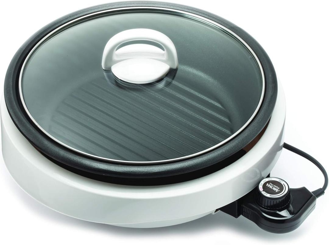 Aroma Housewares GRILLET 3 in 1 Indoor Grill Pot, Slow Cooker and Steamer with Temperature Control, Smokeless Nonstick Electric Grill with Tempered Glass Lid, 3 Quart, 10 Inch (White)