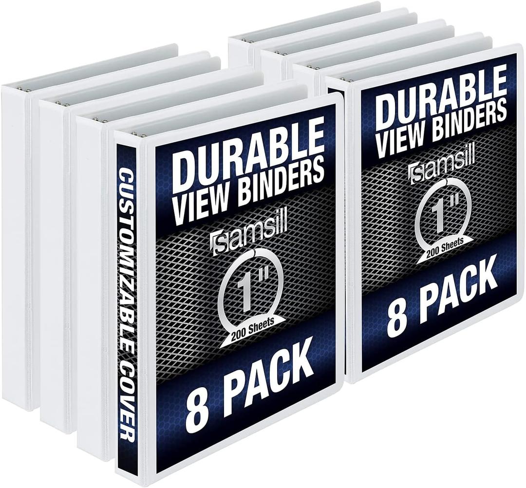 Samsill 8 Pack Durable 1 Inch 3 Ring Binders, Round Ring, Clear View Cover for Presentations, White