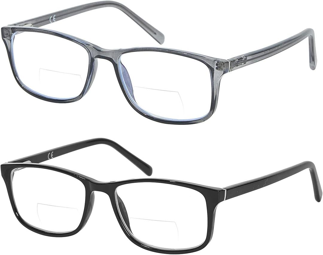 Kafirlo Bifocal Reading Glasses Women Men Clear Top Blue Light Blocking Computer Readers Wide Full Frame Cheaters Eyeglasses (Black & Clear Grey)