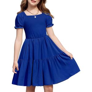 Arshiner Girls Summer Dress Tie Back Short Sleeve Square Neck Tiered Midi Casual Dresses with Pockets (Blue, L)