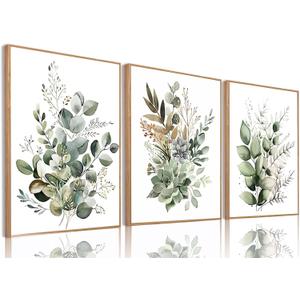 Sage Green Botanical Framed Wall Art Set of 3, 16x24 inch, 16"x24" Natural Framed