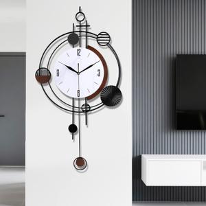 Wall Clock with Pendulum, Silent Quality Quartz Battery Operated, Round Analog Large Wall Clock for Living Room Kitchen Bathroom Bedroom Wall Home Decor, 15.4x28inch, Black