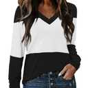 KISSMODA Fall Shirts For Women 2025 Tunics Or Tops To Wear With Leggings Blouses For Women Business Casual V Neck T Shirts White Color Block Tops Work Clothes White S