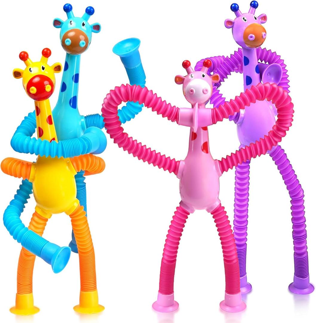Giraffe Sensory Travel Toys 4Pcs for Roadtrip Car Ride Airplane Toddler Girl Year Old Ages 2 3 4 5 6 7 8, Suction Autism Pop Tube Fidget Toy Autistic Valentines Day Stocking Easter Basket Stuffer Gift