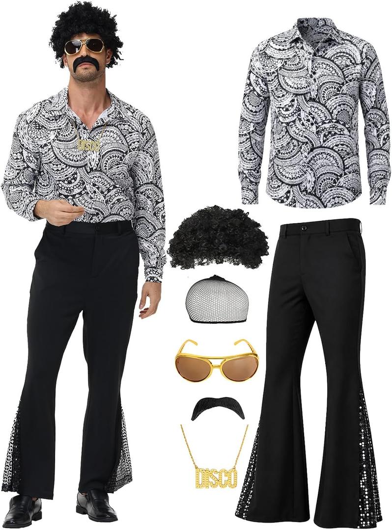 70s Outfits for Men, 7Pcs Disco Costume Include Retro Shirt Bell Bottom Pants Wig Sunglasses Necklace Wig Cap for Disco Party, XXL