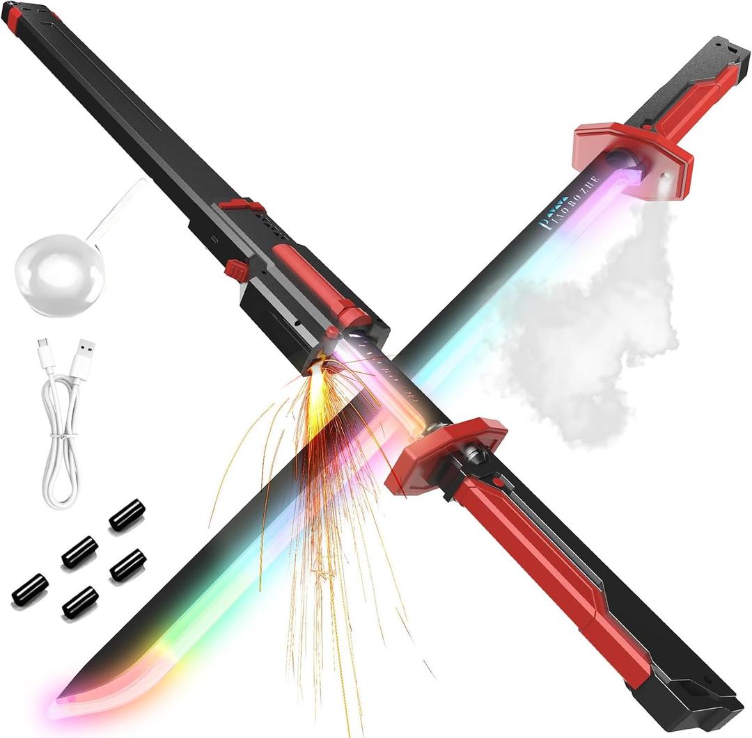 LED Light Up Sword 31.5", Neon Spark Blade 7-Color Glow with Sound Effects & Fog Mist, USB-C Rechargeable, Anime Cosplay Prop for Rave Party & Display, Kids & Adults (Black)