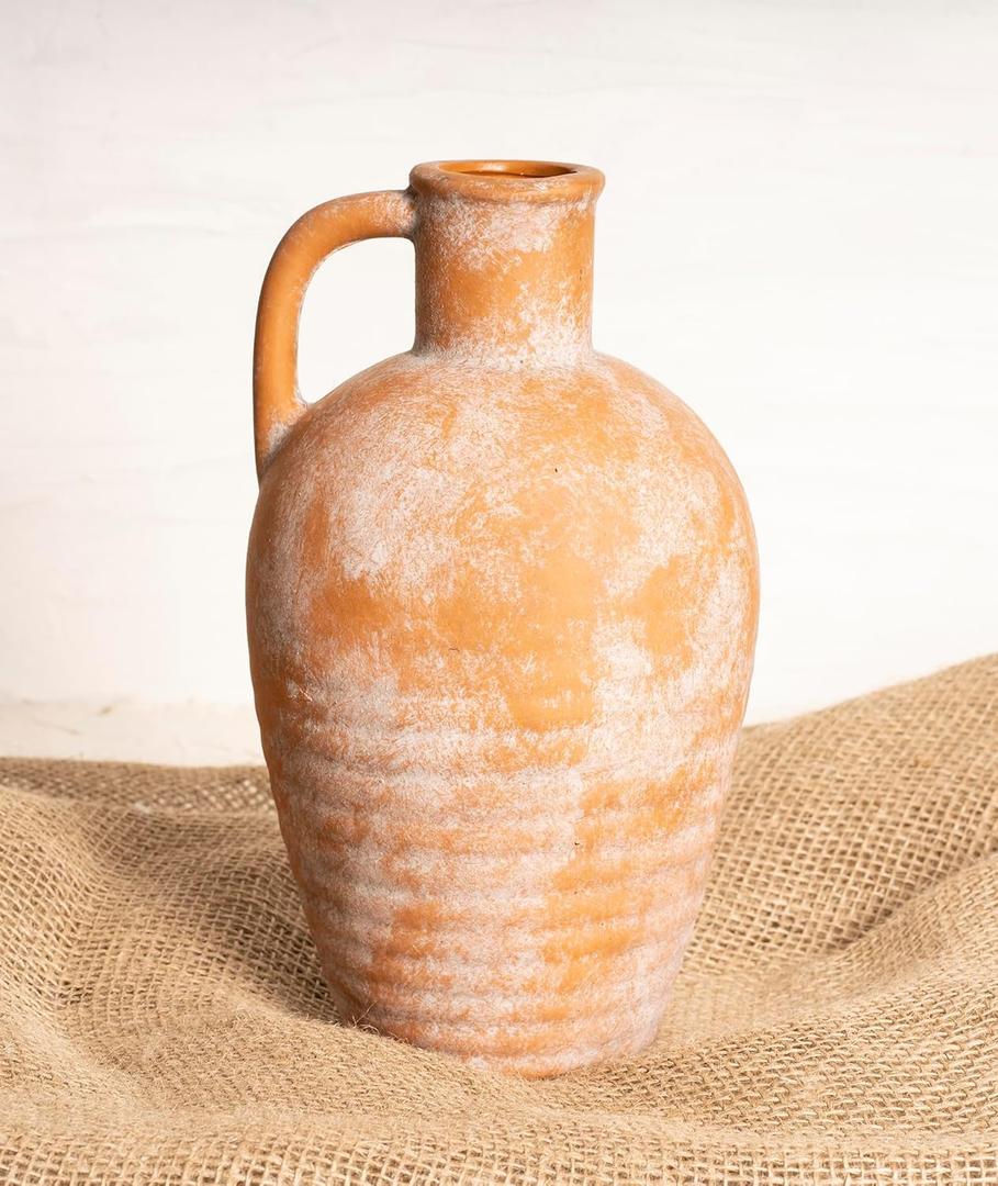 Terracotta vase with Handle, 10inch Boho Unique Textured Pottery, Farmhouse Antique Decorative Ceramic vases for Flowers, Centerpieces, Living Room. (Rustic Jug-Terracotta)