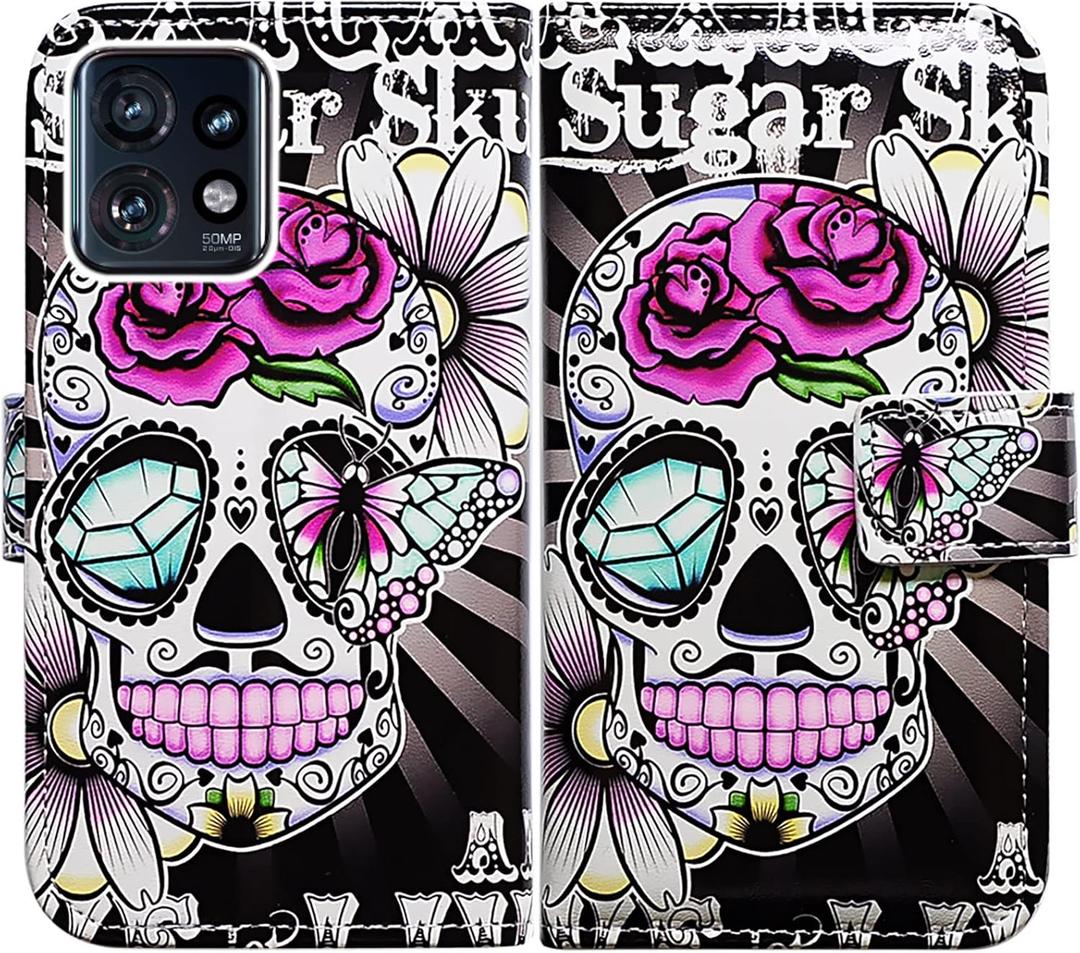 Case for Motorola Edge Plus 2023,Purple Flower Sugar Skull Leather Flip Phone Case Wallet Cover with Card Slot Holder Kickstand for Motorola Edge Plus 2023