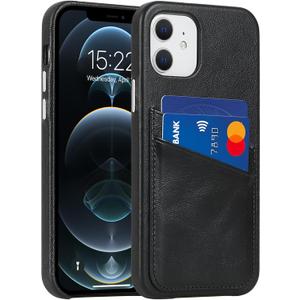 LUCKYCOIN for iPhone 12 Wallet Phone Case with Credit Card Holders,Retro Genuine Leather Purse Covers with Metal Buttons,Durable Shokproof Protective Bumper Case Raised Bezel Design-Black