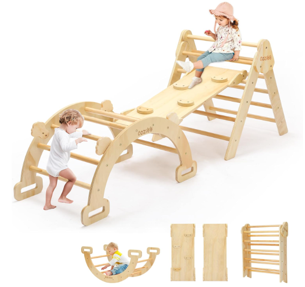 BlueWood Pikler Triangle Set 7in1 Foldable Baby Climbing Toys Wooden Montessori Climbing Set with Arch&Ramp&Ladder Baby Climber Indoor Jungle Gyms for Toddlers Montessori Toys - Rainbow