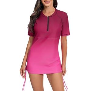 Halcurt Women's Short Sleeve Rash Guard Swim Shirt with Bra Half Zip Tie Drawstring UPF50+ Swimsuit Top Ombre Red Pink M