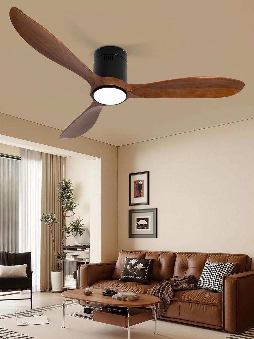 VACILL Wood Flush Mount Ceiling Fan with Light and Remote, 52 inch Low Profile Wooden Fan with 3 Blades, 6 Speed, LED Dimmable, Reversible DC Motor (Dark Brown, Wood)
