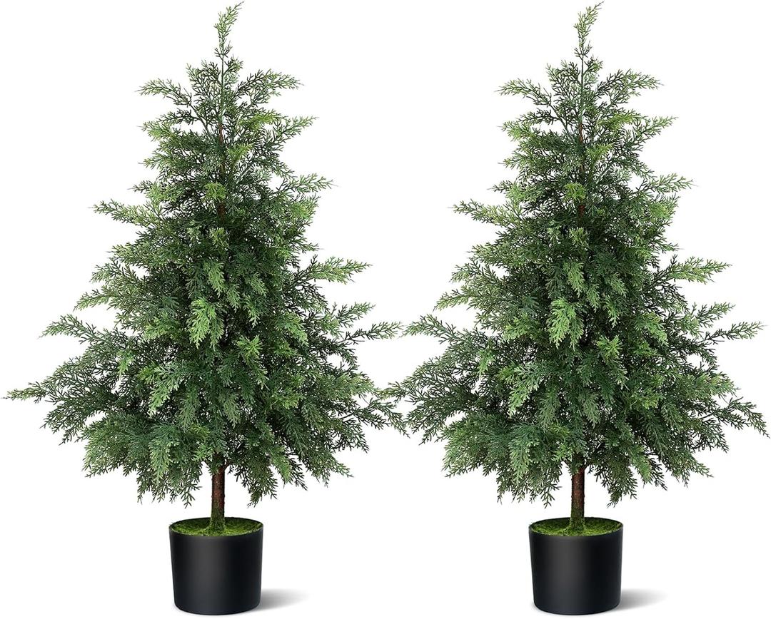 3FT Real Touch Cedar Topiary Trees for Front Porch Decor, Artificial Shrubs Faux Plants Potted UV Resistant Fake Greenery for Outdoor Indoor Door Garden Farmhouse Home Decoration (Set of 2)