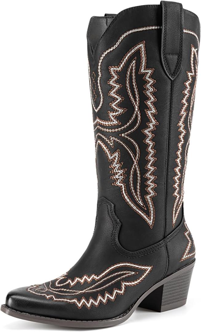 Athlefit Women's Square Toe Cowboy Cowgirl Boots Low Chunky Heel Embroidery Western Mid Calf Boots for Country Concerts (9, Black)