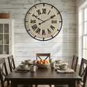 24 Inch Large Farmhouse Wall Clock, Metal Rustic Wood with Silent Quartz Movement, Easy Read Roman Numerals, Battery Powered Round Decorative Wall Clock for Living Room Bedroom Kitchen Office