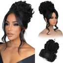 REECHO Messy Bun Hair Piece with Bangs - 2-in-1 Hair Bun Hairpieces Curly Updo Wig & Hair Topper with Long Side Bangs Natural-Looking Drawstring Ponytail Extension for Women - Black