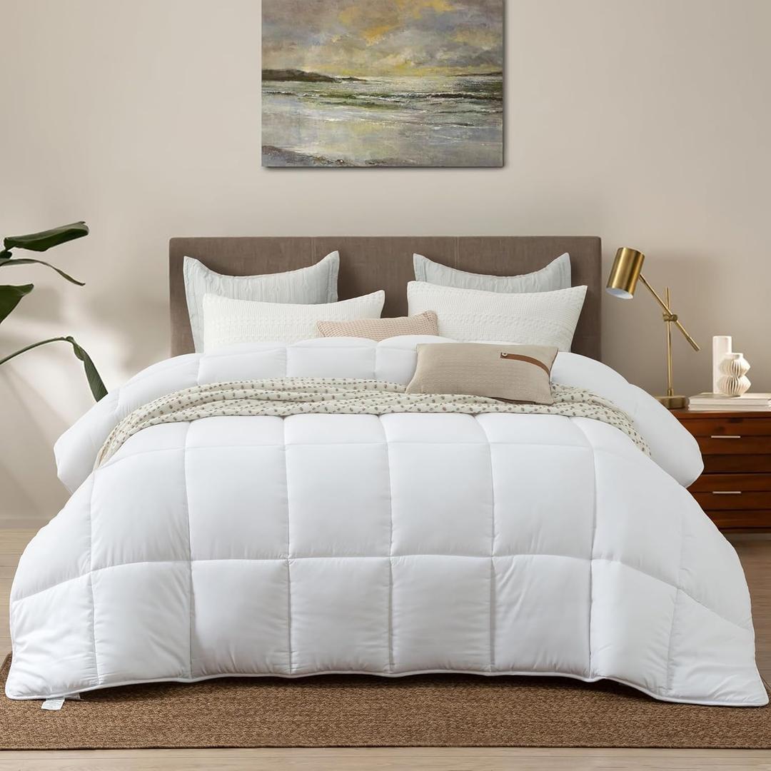Dorrin Nessin Down Alternative Comforter Duvet Inserts Queen Size 90x90 All Season, Ultra Soft Double Brushed Microfiber Shell, Classic Box Stitched with 8 Corner Tabs (Solid White)
