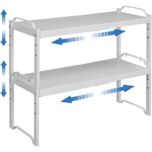 2 Pack Expandable Kitchen Cabinet Shelves Organizers, Stackable Adjustable Small Storage Shelf Rack Stand Riser for Pantry Cabinet Cupboard Kitchen Counter Organization, 22 lbs Capacity, Length:20.5" (White)