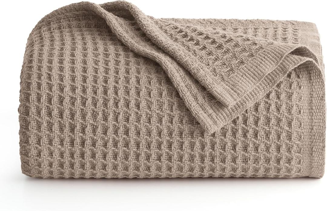 Bedsure Gentlesoft 100% Cotton Blanket Twin XL Size for College Dorm - Cooling Breathable and Soft for Summer, Waffle Weave Twin Blanket for Bed, Dorm Room Essentials, Light Brown, 66x90 inches
