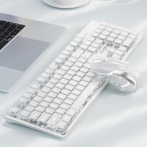 V3 Wireless Keyboard and Mouse with Single Backlit, Metal Panel, Bluetooth/2.4G Rechargeable Computer Keyboard and Mouse Combo Silent Lighted Full Size Cute Keyboards-White