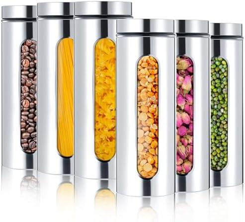 Mimorou 5 Pack Kitchen Canisters Set Airtight Coffee Sugar Tea Candy Storage Jars with Window Glass Stainless Steel Containers with Lids for Flour Cookies Spices Grains Kitchen Decorations (60 oz)