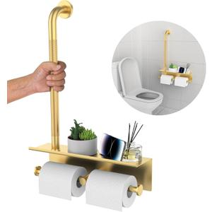 Bathroom Grab Bar w/Toilet Tissue Roll Holder, Gold 3 in 1 Double Toilet Paper Holders w/Storage Shelf, Anti Slip Stainless Steel Safety Hand Rail Support Handicap Elderly Senior Assist Bath Handle