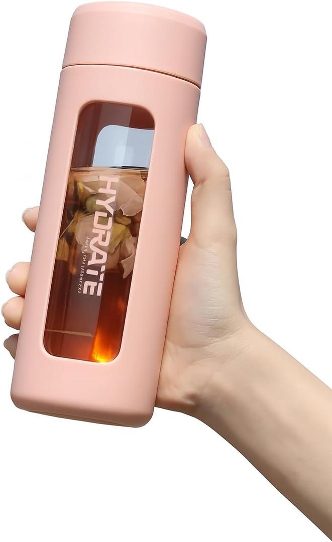 Glass Water Bottle with Sleeve  BPA-Free, 16oz Leakproof Refillable Bottle, Clear & Insulated, Eco-Friendly & Aesthetic Design for Gym, Travel, Office (Blush Pink)