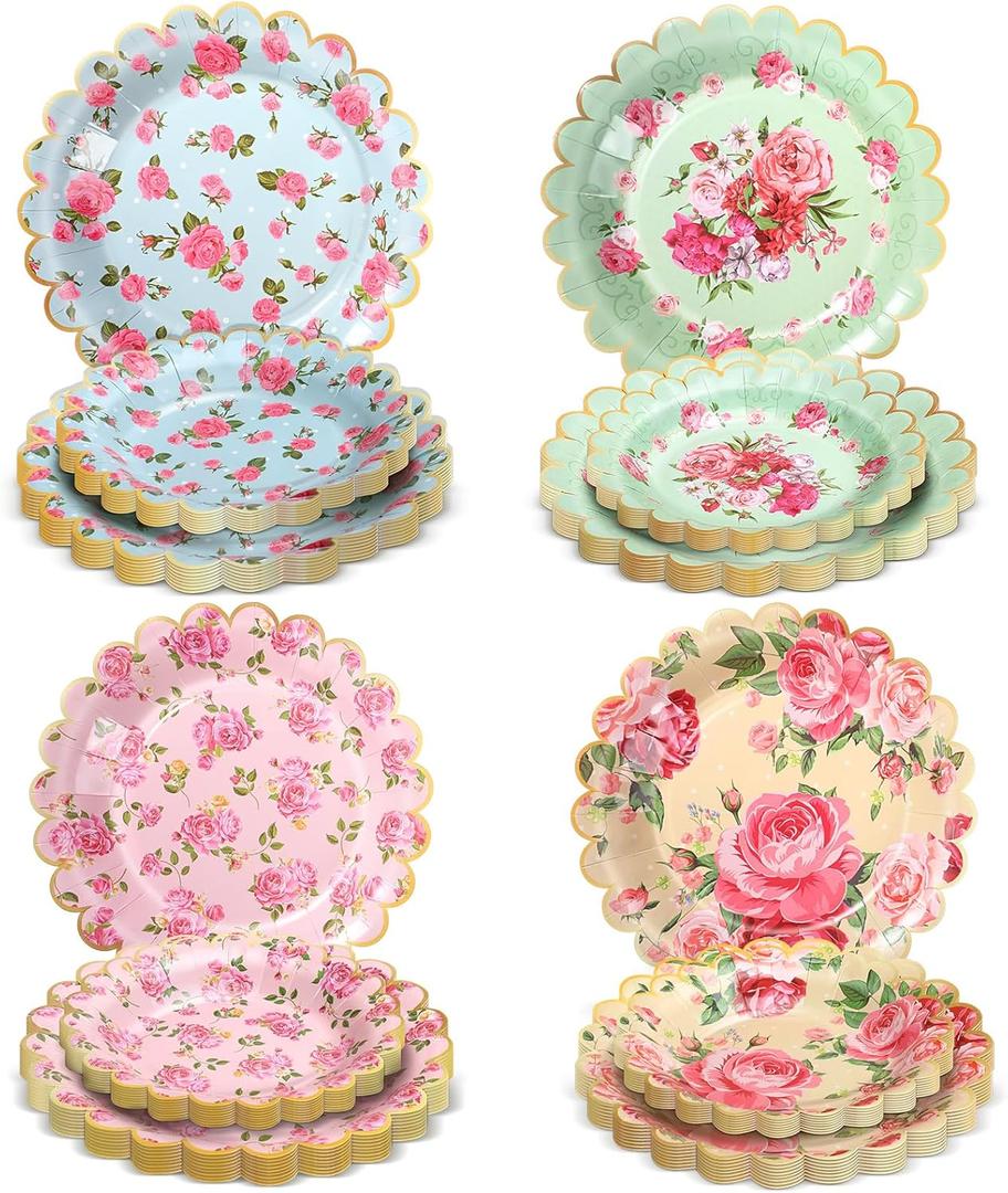 Pasimy 64 Pcs Floral Vintage Plates Paper Tea Party Tableware Set 9 Inch and 7 Inch Plates for Tea Party Birthday Baby Shower Wedding Bachelorette Supplies (Rose)