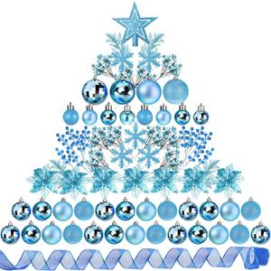 Sratte 94 Pcs Christmas Tree Decorations Set, Christmas Tree Ball Ornaments Glitter Poinsettia Flowers Decorations Glitter Berries Stems for Xmas Holiday Wedding(Blue)