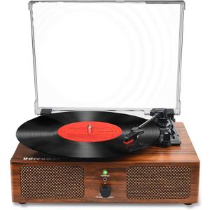 Vinyl Record Player Wireless Turntable with Built-in Speakers and USB Belt-Driven Vintage Phonograph Record Player 3 Speed for Entertainment and Home Decoration (Brown)