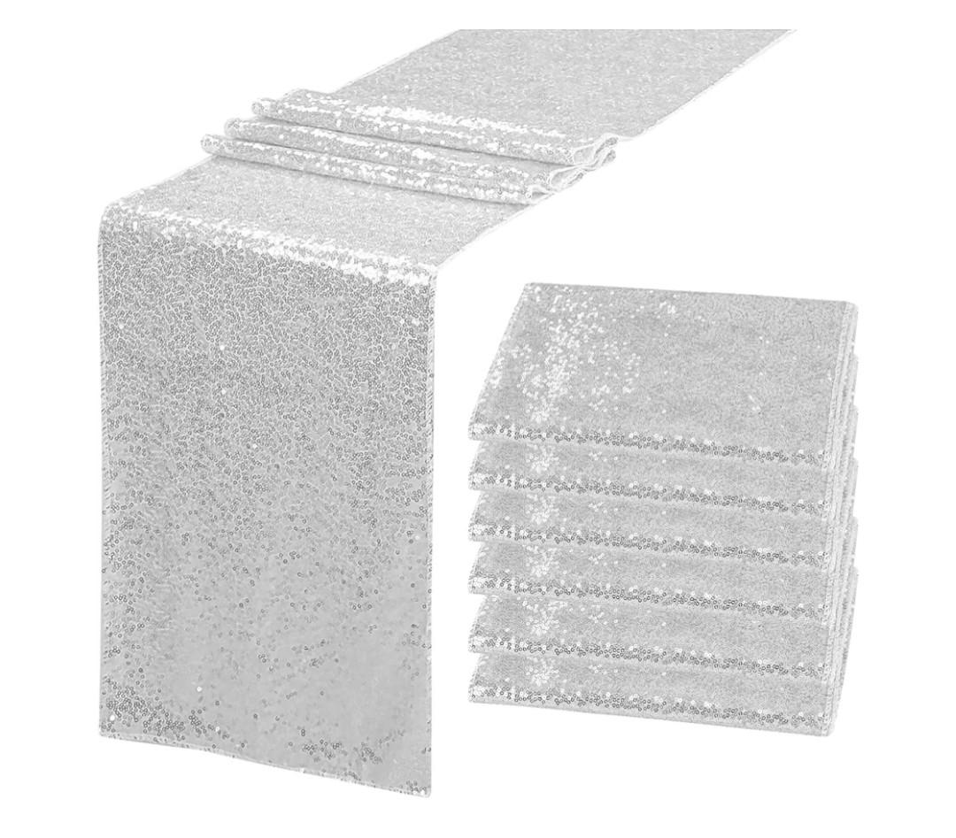 12 Pack Silver Sequin Table Runner 12" x 72" Sparkle Table Runner for Baby Bridal Shower Wedding Birthday Party Table Decor (Silver)