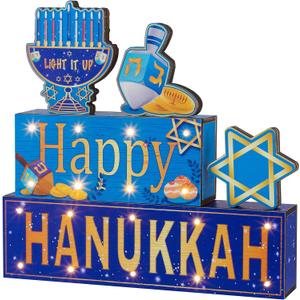 ANVAVO 5 Pieces Hanukkah Wooden Signs Happy HANUKKAH LIGHT IT UP Wooden Blocks Signs with LED Lights for Hanukkah Living Room Bedroom Tabletop Decorations
