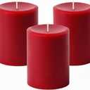 Mister Candle Dripless Unscented Pillar Candles, Set of 3 Hand Poured Solid Color Non-Scented Candles for Home Decor, Premium Wax, 60 Hr Burn Time - 3x4 Inch, Red