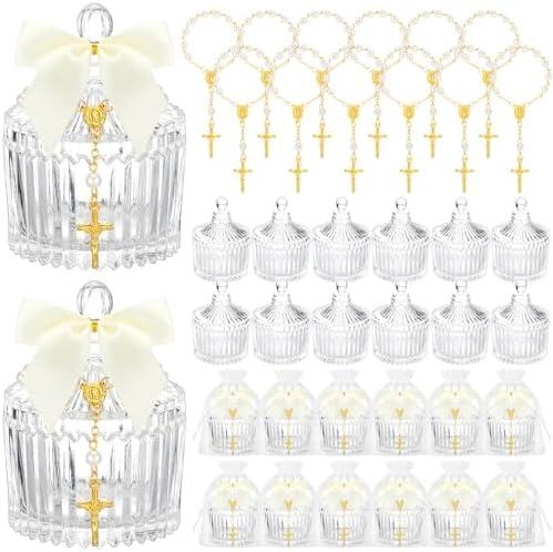 Chuangdi 12 Sets 48 Pcs Baptism Favors for Guests Crystal Candy Bowl Gifts with 12 Pcs Cross Rosary for Baptism Decorations Wedding Baby Shower Supplies First Communion Party(White)
