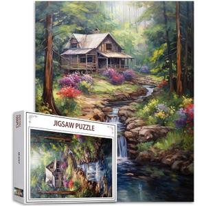 Tucocoo Forest Waterfall Art Jigsaw Puzzle 1000 Pieces Puzzles for Adults, Rustic Wood Cabin Trees Landscape Jigsaw Puzzles for Challenging Family Activity Games DIY Craft Puzzle for Home Decor Gifts