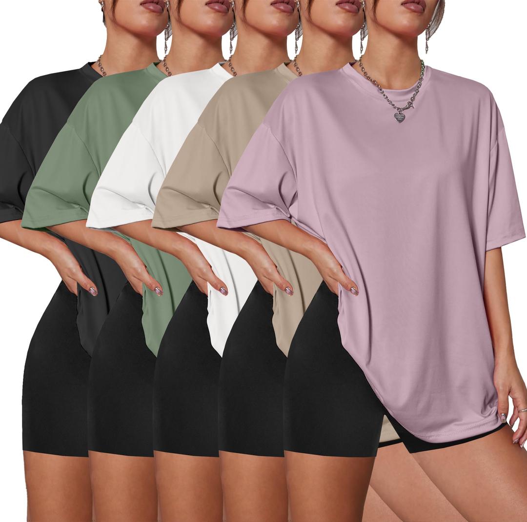 Kinglaman 5 Pack Womens Oversized T Shirts Crew Neck Loose Fit Short Sleeve Tshirts Summer Workout Plus Size Tee Tops, L