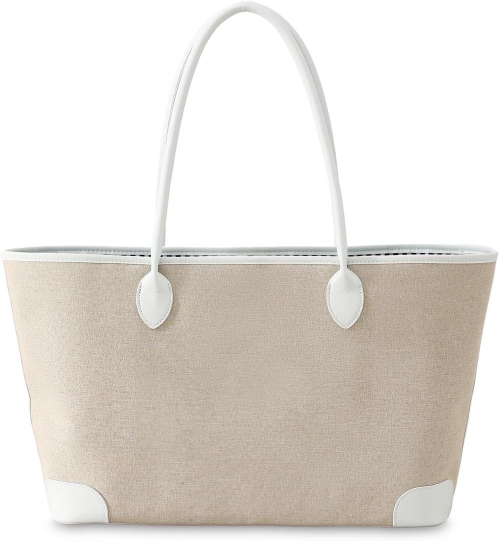 Linen Tote Bag for Women, Large Capacity Beach Bag with PU Leather Trim for Travel Work Shopping (White)