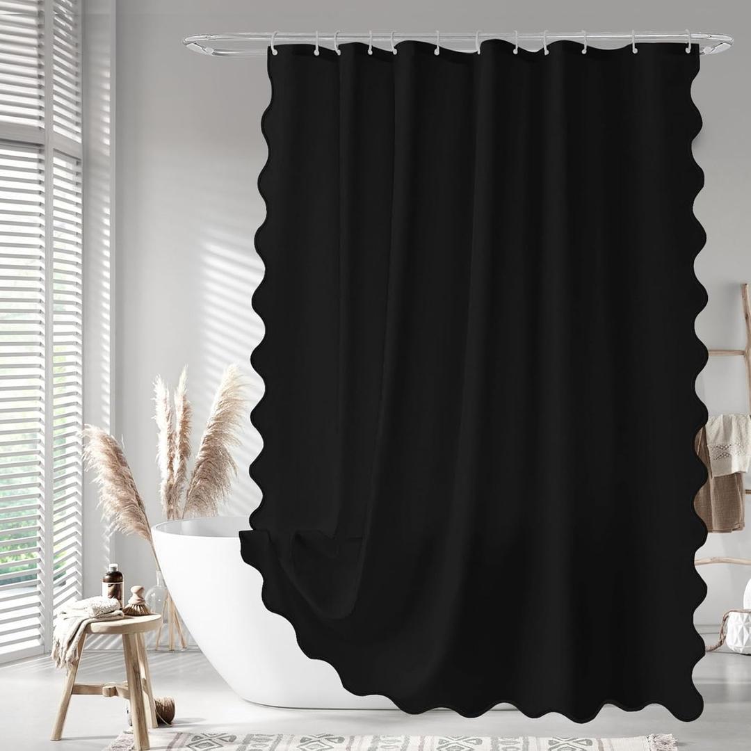 Seasonwood Black Scalloped Shower Curtain 72 x 72 Inches, Aesthetic Shower Curtain Elegant Pretty Shower Curtains Black