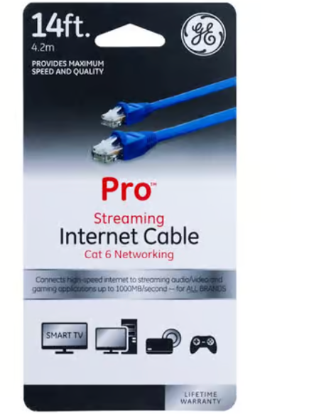 GE Pro 14ft Cat6 Ethernet Internet Cable, Blue