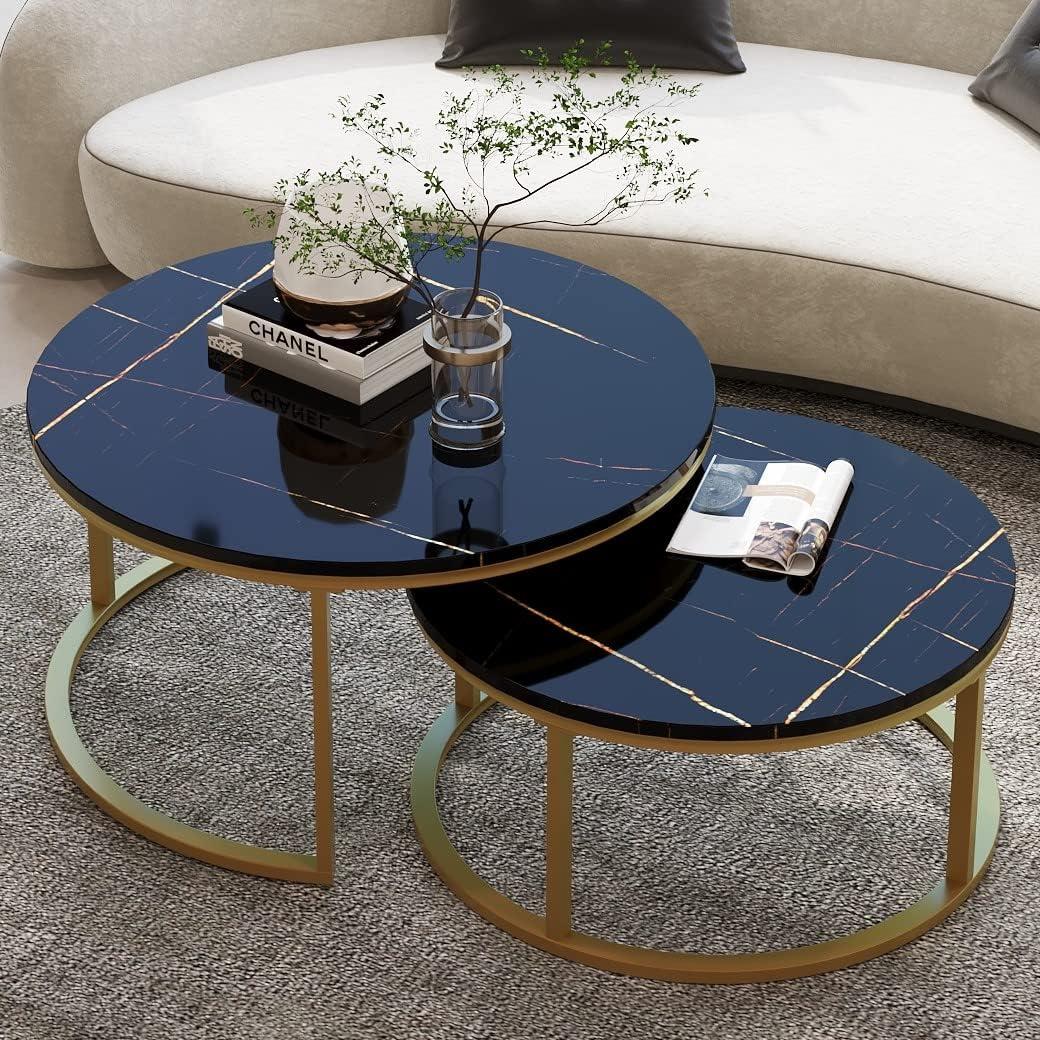 WiberWi Round Coffee Table Nesting Tables Set of 2, Large :  34.0", Small :  26.0", Modern Design Coffee Tables for Living Room, Gold Metal Frame Circle Cocktail Table, High Glossy Faux Black Marble