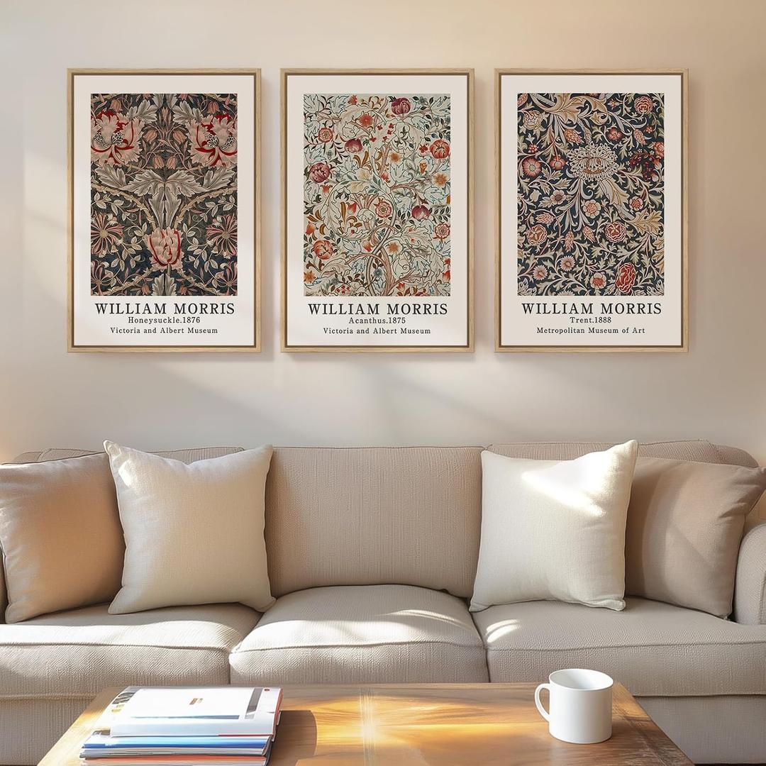 Framed William Morris Canvas Wall Art Set of 3, Vintage Boho Floral Paintings Prints, Rustic Farmhouse Botanical Artwork for Living Room, Bedroom, Hallway or Office, 16x24 Inch, 16"W x 24" H x 3Pcs