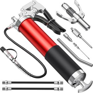 Grease Gun Kit, 8000 PSI Heavy Duty Pistol Grip Grease Gun with Quick Locking Coupler, Spring Flex Hose, 14oz Load, 2 Standard Hose, Reinforced Coupler, Rigid Pipe, Sharp Nozzle (red)