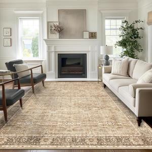 5x7 Beige Washable Rug for Living Room Large Vintage Distressed Bedroom Rug Low Pile Non-Slip Soft Boho Carpets for Bedroom Dining Room Home Office Indoor Nursery