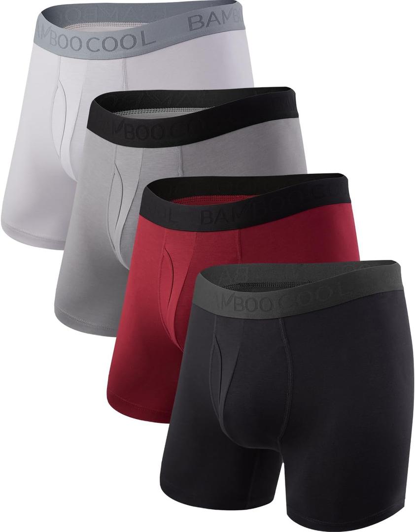 BAMBOO COOL Men's Underwear Boxer Briefs Fly with Built-in 3D Pouch Comfortable Cool Underwear for Men 4 Pack (Large)